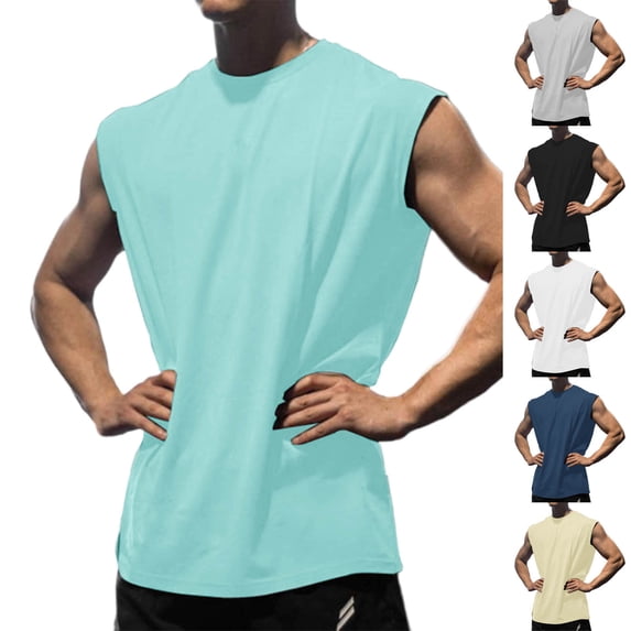 UVEASISHA Workout Tank Tops for Men Loose Fit Sleeveless T-Shirts Mesh Quick Dry Cut Off Gym Muscle Tees Solid Color Casual Running Tanks Light Blue M