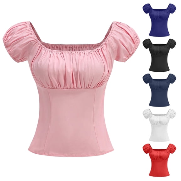 UVEASISHA Y2K Crop Tops for Women Square Neck Short Puff Sleeve Tshirts Ruffled Slim Fit Blouse Cute Flirty Going Out Tee Shirts Red L