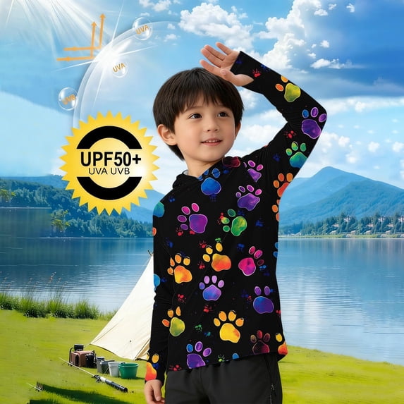 UVEASISHA Youth Hooded Rash Guard UPF 50+ Long Sleeve Swim Shirt Paw Print Quick Dry Beach Pool Wear Black 140