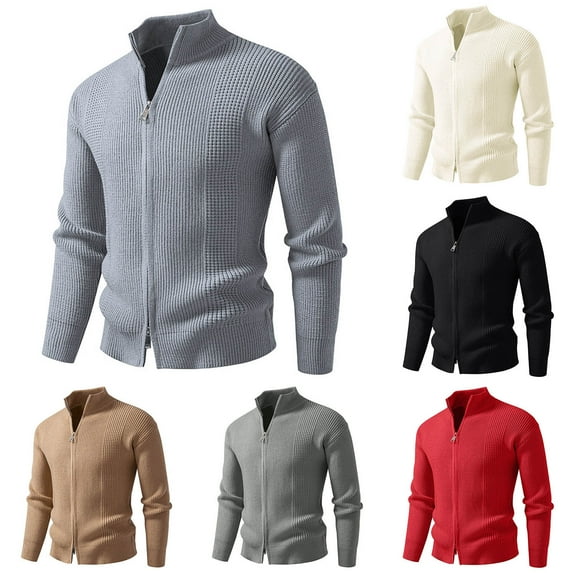 UVEASISHA Zip Up Cardigans for Men Textured Long Sleeve Mock Neck Sweaters Double Zipper Casual Knitted Cardigan Jacket Solid Color Fashion Jackets Beige M