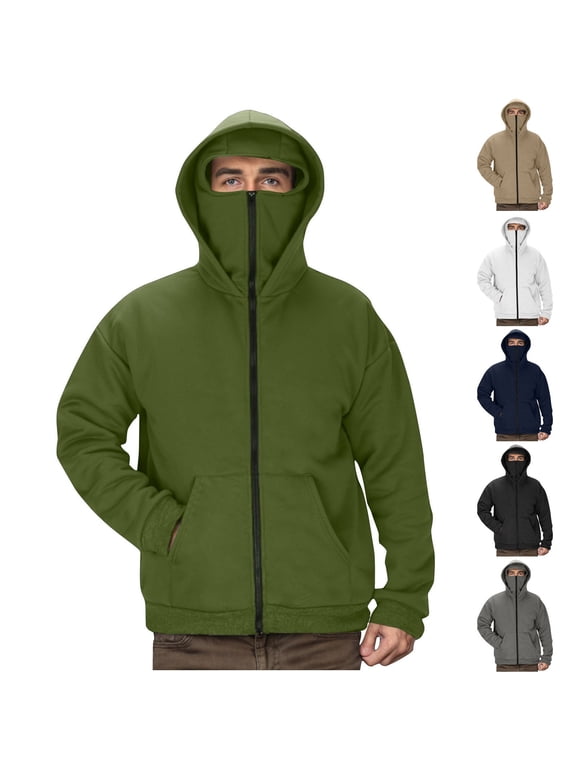 Zip Up Hoodie Men with Face Mask Fleece Lined Warm Sweatshirt Jackets Double Hooded Cargo Sweatshirts Winter Outdoor Sports Coats for Fishing Hiking Navy L