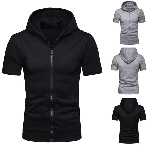 UVEASISHA Zip Up Hoodie for Men Solid Athletic Hoodies with Pocket Short Sleeve Casual Training Hooded T Shirt Black L