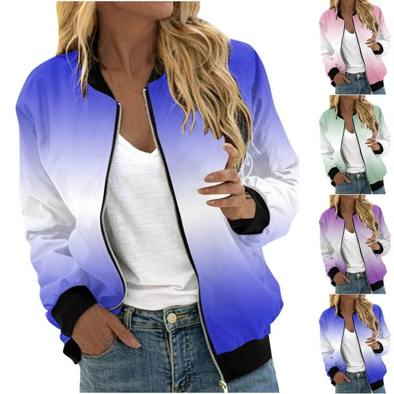 UVEASISHA Zip Up Jackets for Women Trendy Gradient Bomber Jacket Fall Casual Lightweight Baseball Outwear Blue XXL