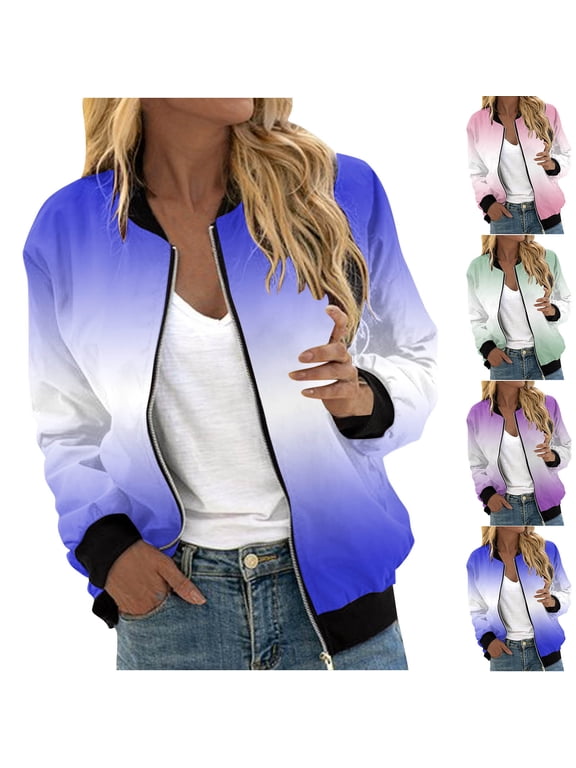 Zip Up Jackets for Women Trendy Gradient Bomber Jacket Fall Casual Lightweight Baseball Outwear Green L