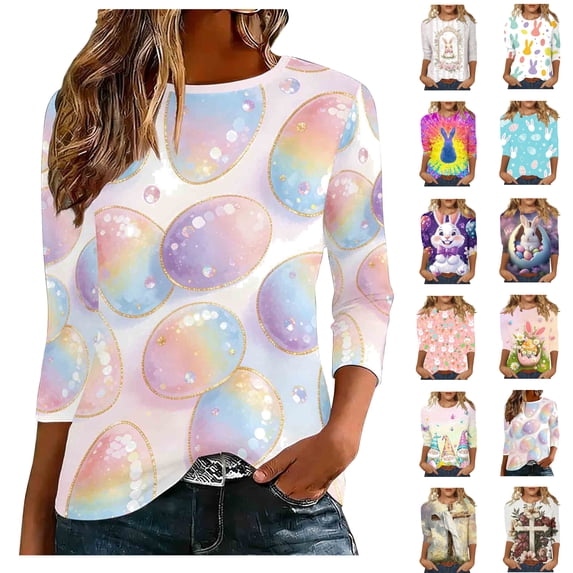 UVEASISHA easter bunny t shirt for women 3/4 sleeve casual tee shirt Playful rabbit printed tshirt comfort Holiday outings tees Purple XL