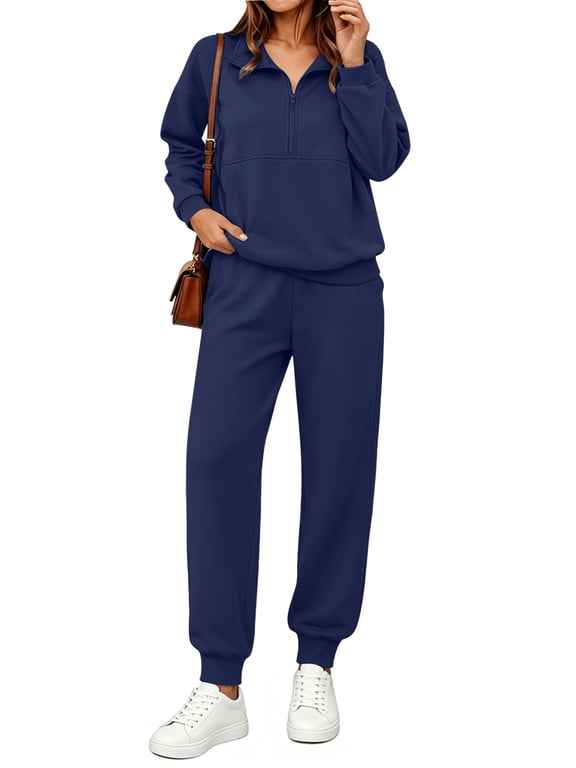 2 Piece Outfits Sets for Women Winter Half Zip Sweatsuits Long Sleeve Jogger Suit Ladies Casual Tracksuit