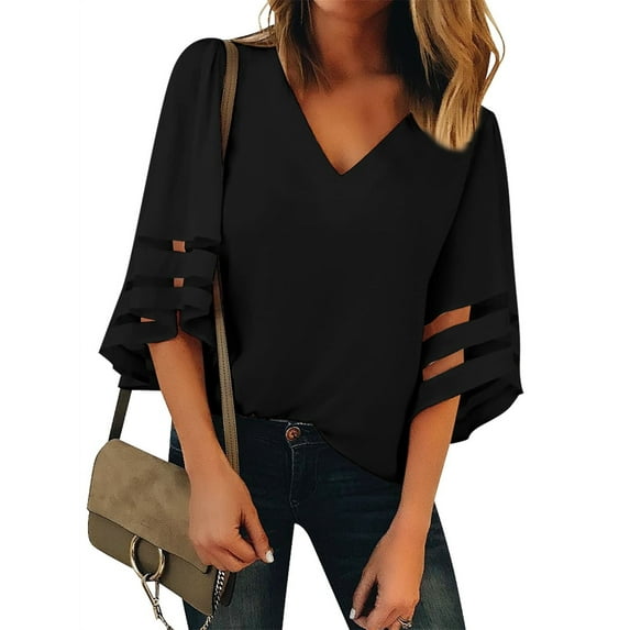 UVN Blouse for Women Summer Casual V Neck Shirts Mesh Panel 3/4 Bell Sleeve Loose Tops