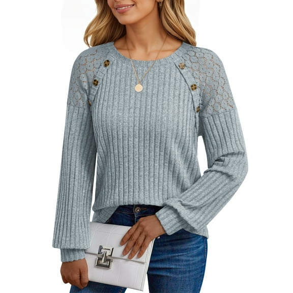 UVN Blouses for Women Casual Long Sleeve Shirts Dressy Hollow Out Lace Button Tops Fall Lightweight Pullover