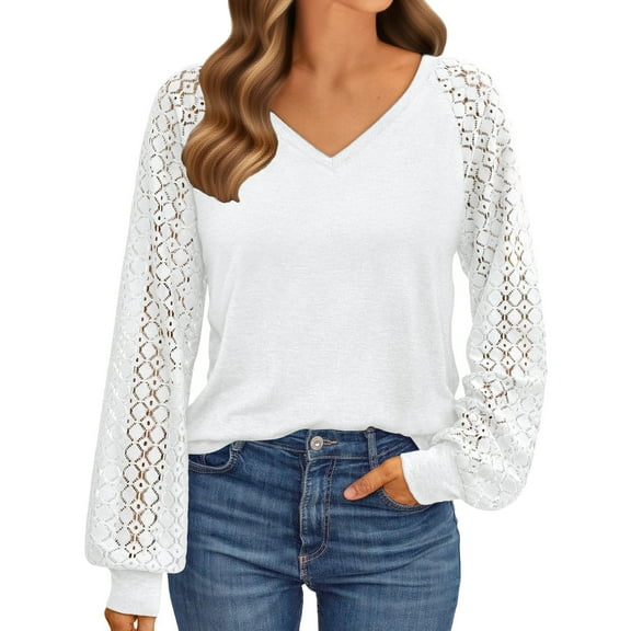 UVN Blouses for Women Dressy Lace Long Sleeve Shirts Fall Casual V Neck Tunic Tops