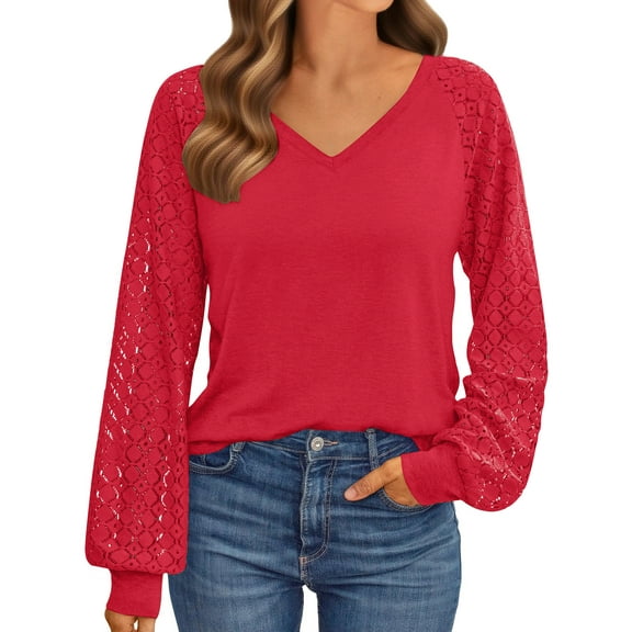 UVN Blouses for Women Dressy Lace Long Sleeve Shirts Fall Casual V Neck Tunic Tops