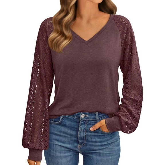 UVN Blouses for Women Dressy Lace Long Sleeve Shirts Fall Casual V Neck Tunic Tops
