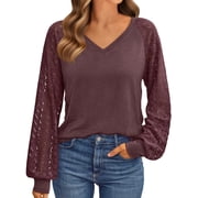 UVN Blouses for Women Dressy Lace Long Sleeve Shirts Fall Casual V Neck Tunic Tops