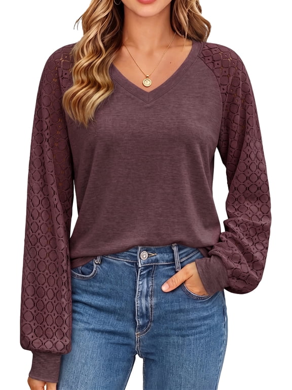Blouses for Women Dressy Lace Long Sleeve Shirts Fall Casual V Neck Tunic Tops