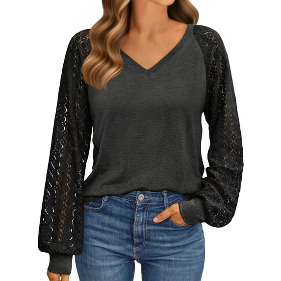 UVN Blouses for Women Dressy Lace Long Sleeve Shirts Fall Casual V Neck Tunic Tops