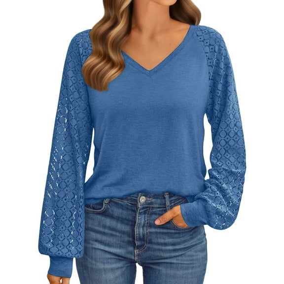 UVN Blouses for Women Dressy Lace Long Sleeve Shirts Fall Casual V Neck Tunic Tops