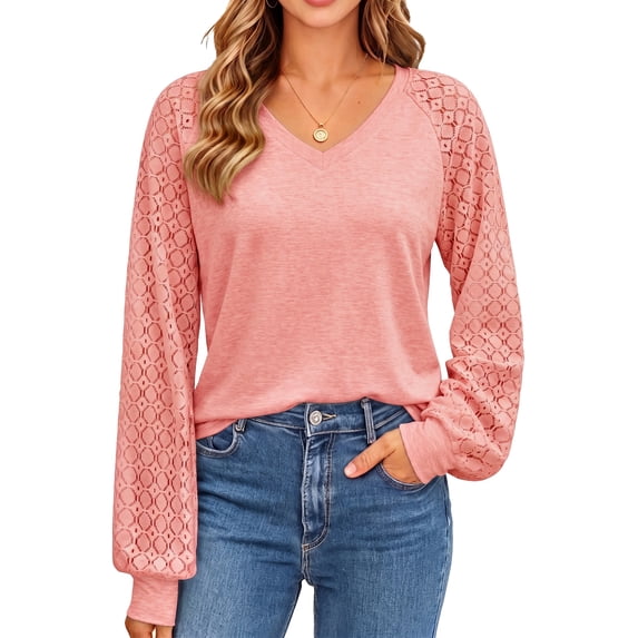 UVN Blouses for Women Dressy Lace Long Sleeve Shirts Fall Casual V Neck Tunic Tops