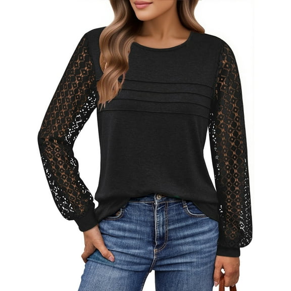UVN Blouses for Women Dressy Lace Pleated Tunic Tops Casual Long Sleeve Fall Shirts