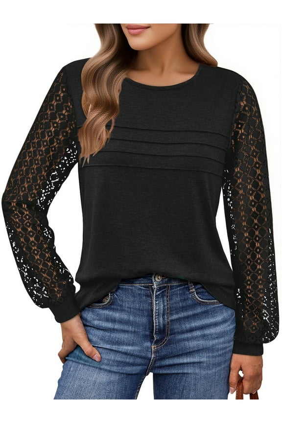 Blouses for Women Dressy Lace Pleated Tunic Tops Casual Long Sleeve Fall Shirts