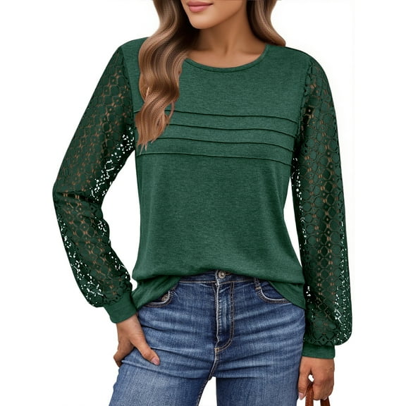 UVN Blouses for Women Dressy Lace Pleated Tunic Tops Casual Long Sleeve Fall Shirts