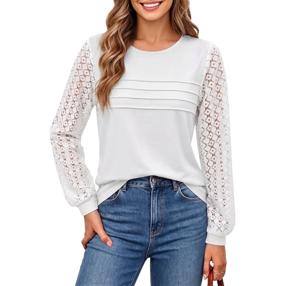 UVN Blouses for Women Dressy Lace Pleated Tunic Tops Casual Long Sleeve Fall Shirts