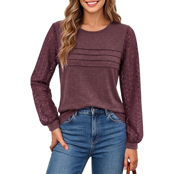 UVN Blouses for Women Dressy Lace Pleated Tunic Tops Casual Long Sleeve Fall Shirts