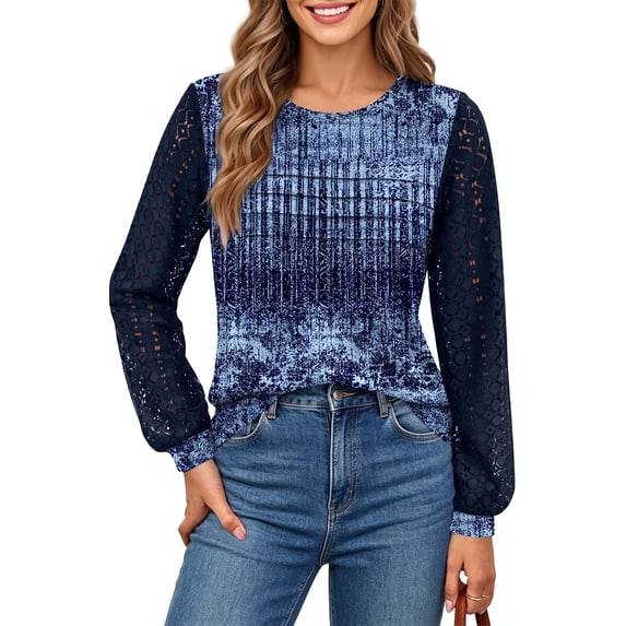 UVN Blouses for Women Dressy Lace Pleated Tunic Tops Casual Long Sleeve Fall Shirts