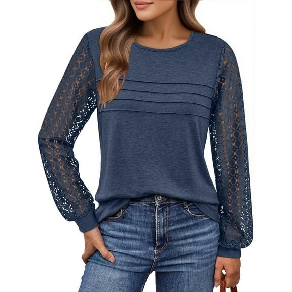 UVN Blouses for Women Dressy Lace Pleated Tunic Tops Casual Long Sleeve Fall Shirts