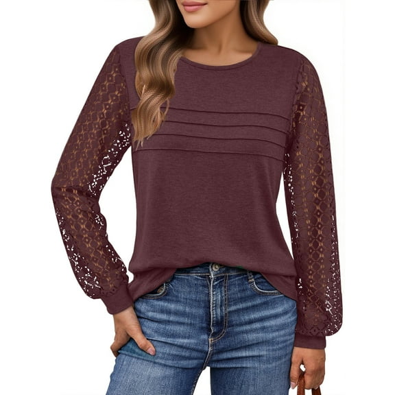 UVN Blouses for Women Dressy Lace Pleated Tunic Tops Casual Long Sleeve Fall Shirts