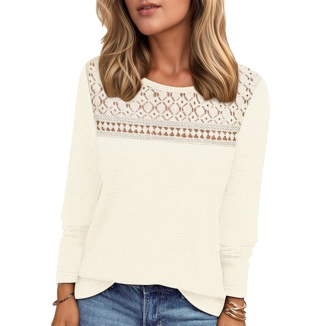 UVN Blouses for Women Fall Long Sleeve Crewneck Dressy Shirts Casual Waffle Knit Hollow Out Tunic Tops