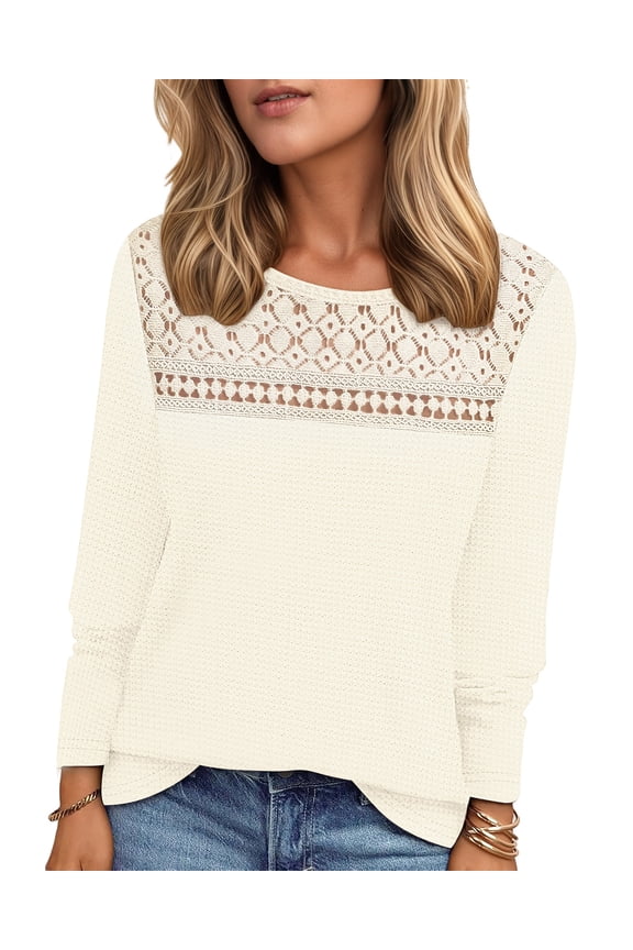 Blouses for Women Fall Long Sleeve Crewneck Dressy Shirts Casual Waffle Knit Hollow Out Tunic Tops