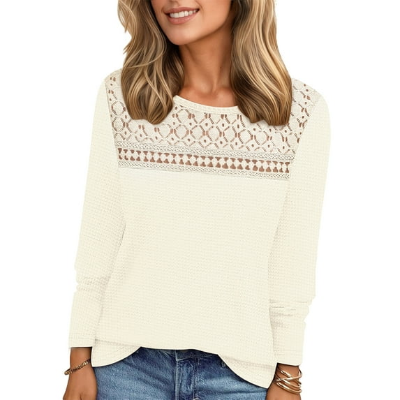 UVN Blouses for Women Fall Long Sleeve Crewneck Dressy Shirts Casual Waffle Knit Hollow Out Tunic Tops