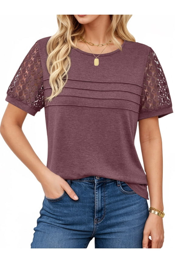 Blouses for Women Lace Short Sleeve Shirts Summer Casual Dressy Crewneck Pleated Tunic Tops