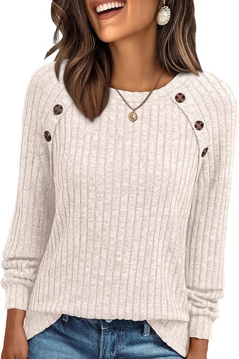 Blouses for Women Long Sleeve Buttons Shirts Dressy Crew Neck Tunic Tops Fall Casual Lightweight Sweaters