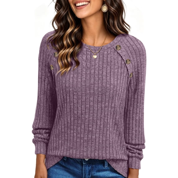 UVN Tops for Women Long Sleeve Buttons Shirts Dressy Crew Neck Tunic Blouses Fall Casual Lightweight Sweaters