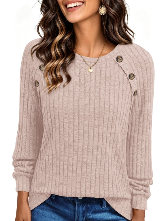 Tops for Women Long Sleeve Buttons Shirts Dressy Crew Neck Tunic Blouses Fall Casual Lightweight Sweaters