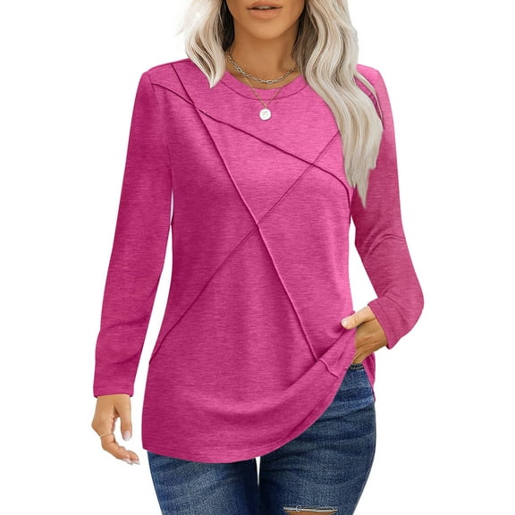 UVN Blouses for Women Pleated Long Sleeve Shirts Casual Crew Neck Tunic Tops