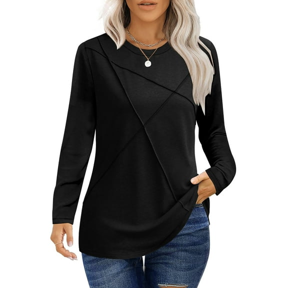 UVN Blouses for Women Pleated Long Sleeve Shirts Casual Crew Neck Tunic Tops