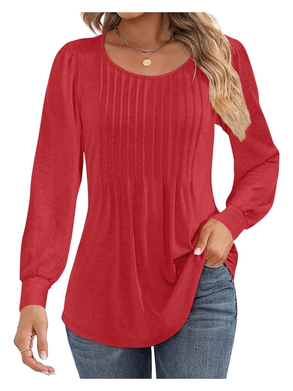 Blouses for Women Pleated Long Sleeve Shirts Crew Neck Dressy Casual Tunic Tops