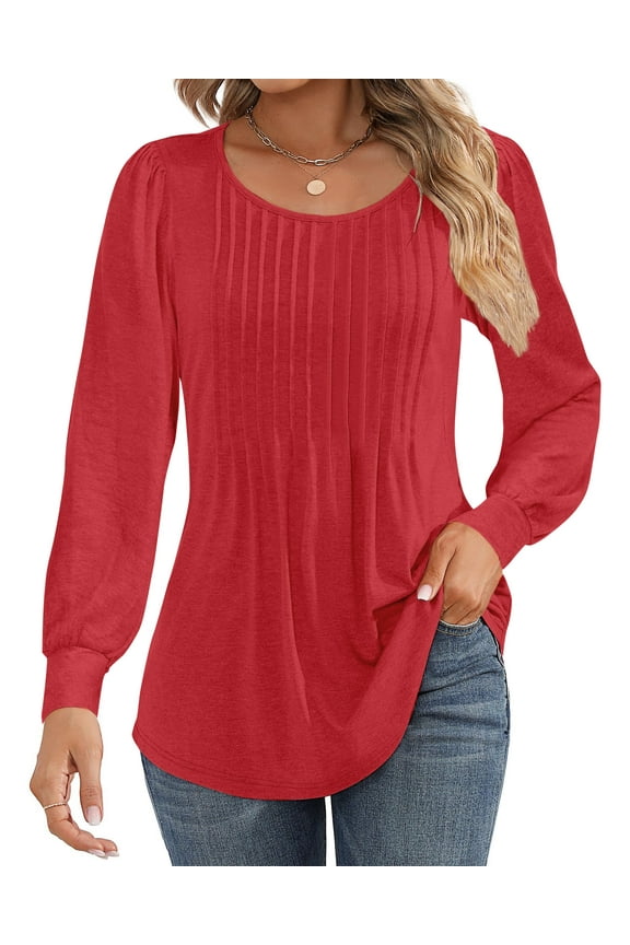 Blouses for Women Pleated Long Sleeve Shirts Crew Neck Dressy Casual Tunic Tops