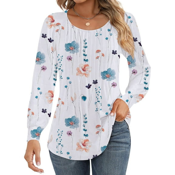 UVN Blouses for Women Pleated Long Sleeve Shirts Crew Neck Dressy Casual Tunic Tops