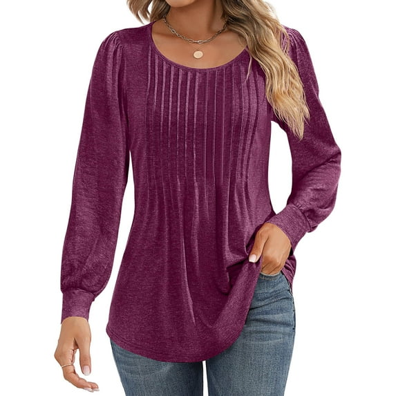 UVN Blouses for Women Pleated Long Sleeve Shirts Crew Neck Dressy Casual Tunic Tops