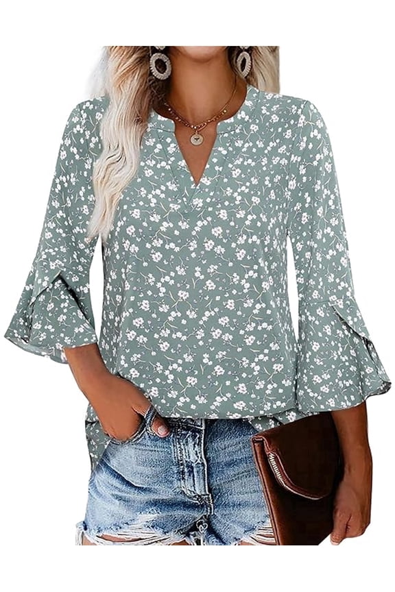 Boho Tops for Women Dressy Casual Blouses 3/4 Sleeve Floral Print Shirts,2026 Fall