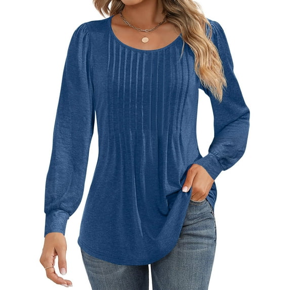 UVN Blouses for Women Pleated Long Sleeve Shirts Crew Neck Dressy Casual Tunic Tops