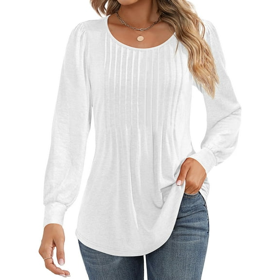 UVN Blouses for Women Pleated Long Sleeve Shirts Crew Neck Dressy Casual Tunic Tops