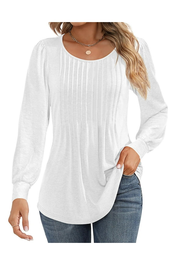Blouses for Women Pleated Long Sleeve Shirts Crew Neck Dressy Casual Tunic Tops