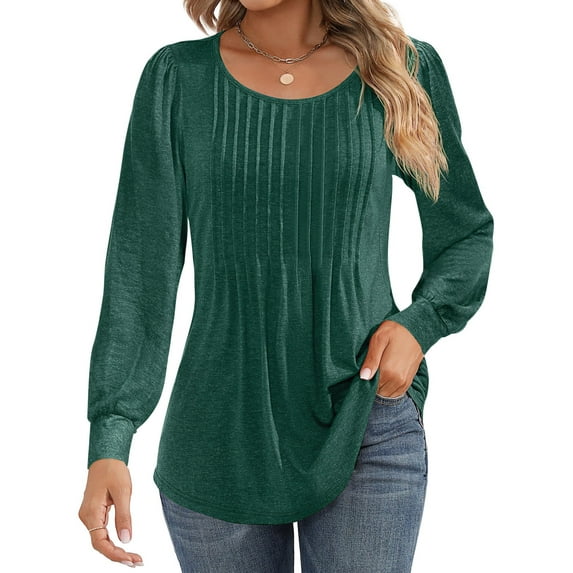 UVN Blouses for Women Pleated Long Sleeve Shirts Crew Neck Dressy Casual Tunic Tops