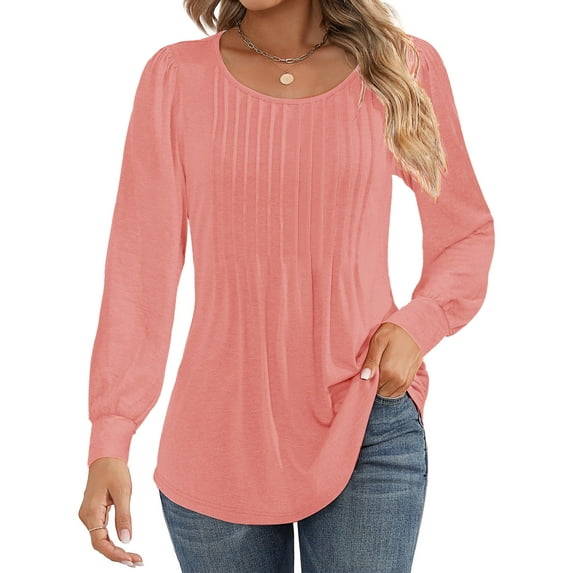 UVN Blouses for Women Pleated Long Sleeve Shirts Crew Neck Dressy Casual Tunic Tops