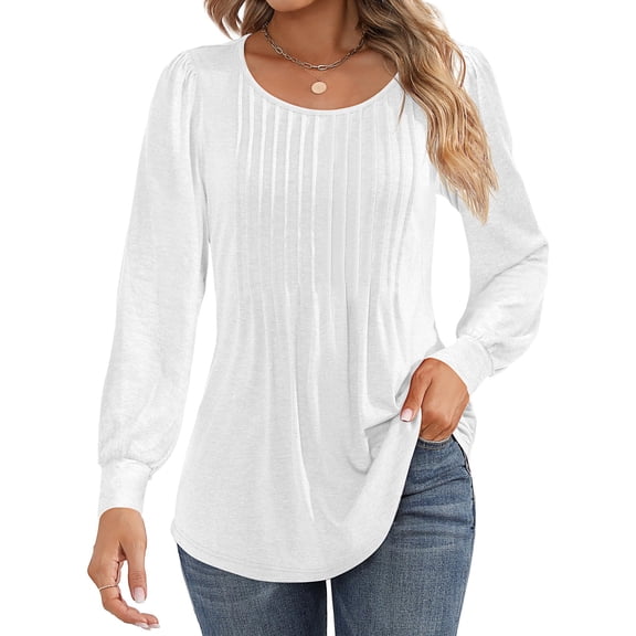 UVN Blouses for Women Pleated Long Sleeve Shirts Crew Neck Dressy Casual Tunic Tops
