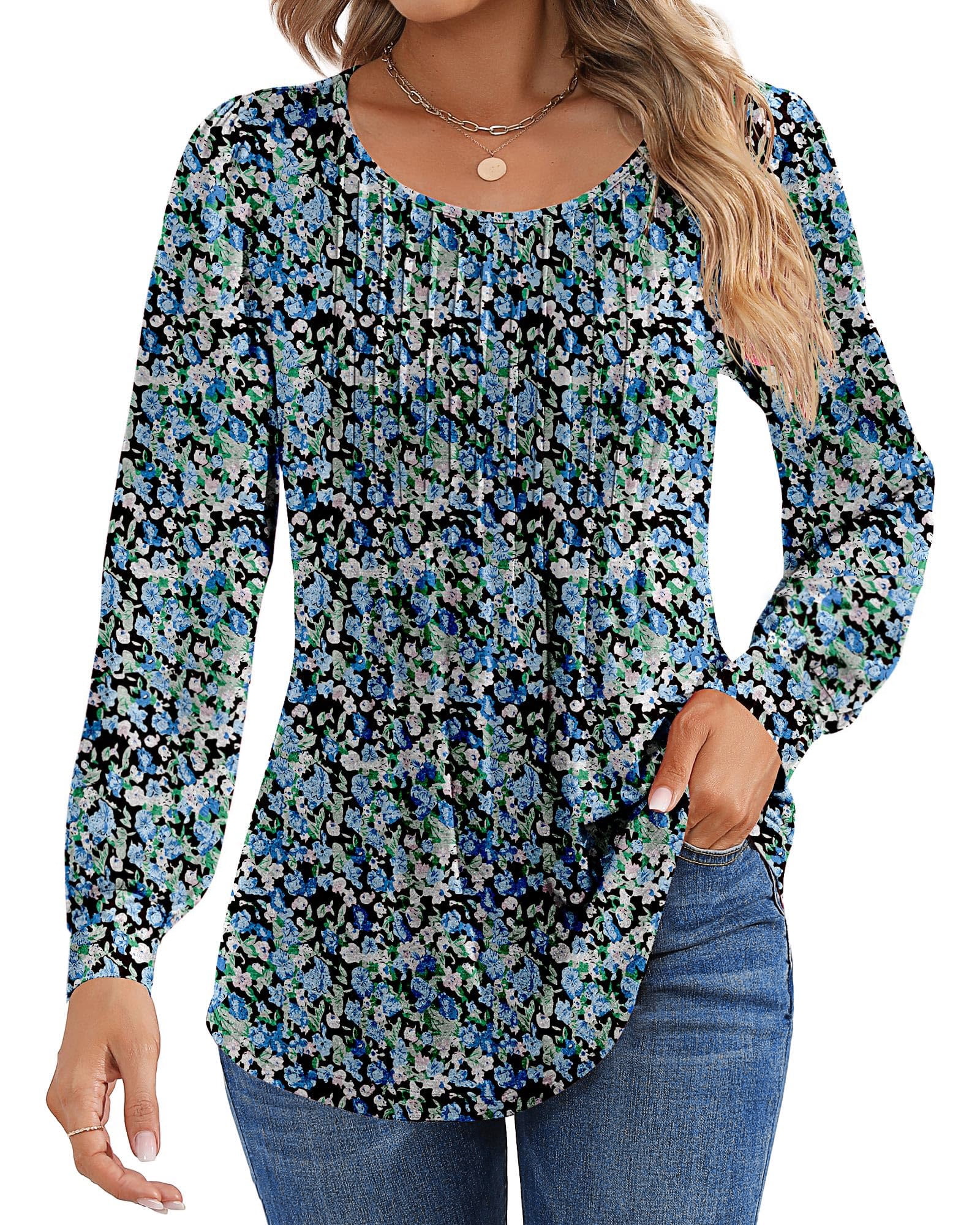 Sieanear Women's Long Sleeve Pleated Top - Crew Neck Casual Blouse, Polyester/Rayon/Spandex Blend