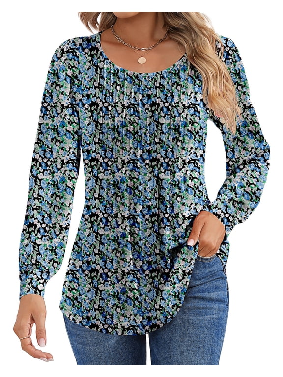 Blouses for Women Pleated Long Sleeve Shirts Crew Neck Dressy Casual Tunic Tops